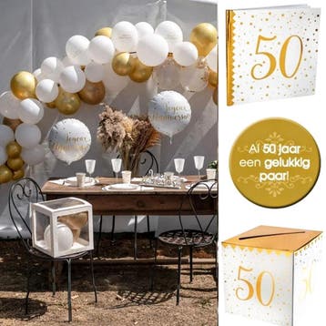 Jubileumset 50-jaar:gastenboek,moneybox,buttons en ballonnen, Hobby en Vrije tijd, Ophalen of Verzenden, Nieuw, Versiering, Overige