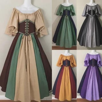Middeleeuwse Retro Jurk met Contrastkleuren en Off-Shoulder, Verzenden