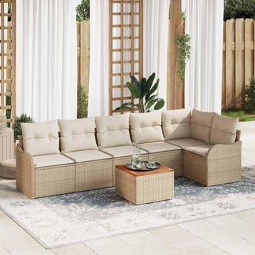 vidaXL Tuinbankenset 7 st Beige en Crème poly rattan, Verzenden, Nieuw, Rotan, 7 zitplaatsen