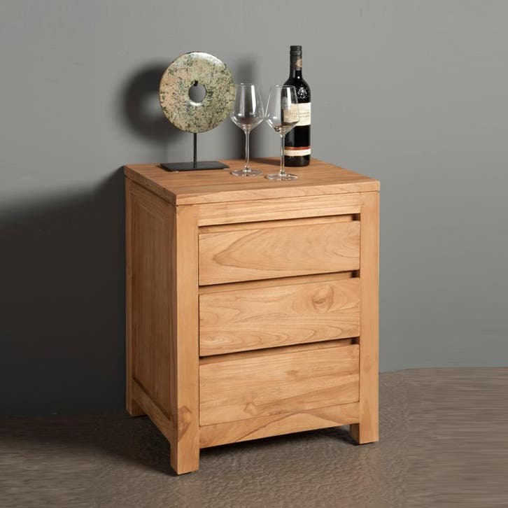 *WOONWINKEL* Tower Living Corona Nachtkastje Teakhout 3 Lade, Huis en Inrichting, Slaapkamer | Nachtkastjes, Nieuw, Verzenden