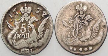 5 Kopeken 1757 St Petersburg Russland Elisabeth 1741-1762, Verzenden