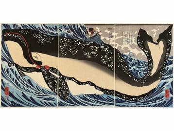 Miyamoto Musashi die een walvis trotseert. - Utagawa
