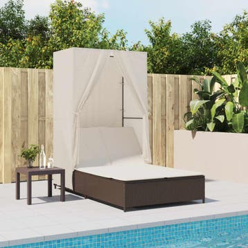 vidaXL Ligbed tweepersoons met dak en gordijn poly rattan, Tuin en Terras, Verzenden, Nieuw
