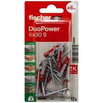 Universele plug met schroef | Fischer DuoPower | 12 stuks, Verzenden, Nieuw