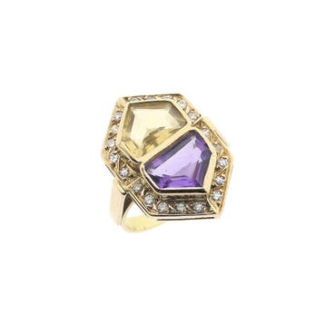 Vintage gouden ring met citrien, amethist en diamanten; 0..., Gebruikt, Ophalen of Verzenden, 17 tot 18, Met edelsteen