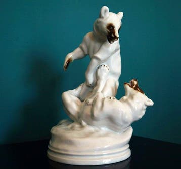 Zsolnay - sculptuur, Combattimento tra due orsi - 30 cm -