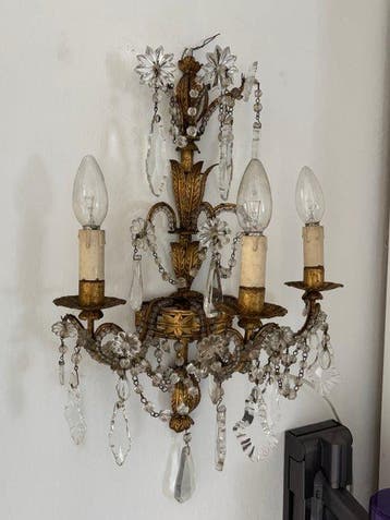 Grand Italian Gilt Iron & Cut Crystal 3-Light Wall Appliqué