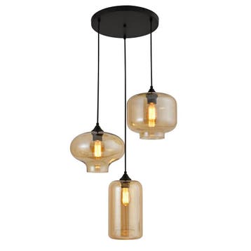 Hanglamp 3-Lichts Amber Industrieel Zwart - Woonkamer, Huis en Inrichting, Lampen | Hanglampen, Verzenden, Nieuw, Glas