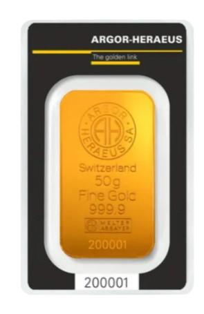 50 gram goudbaar - Argor Heraeus met Certificaat, Verzenden, Goud