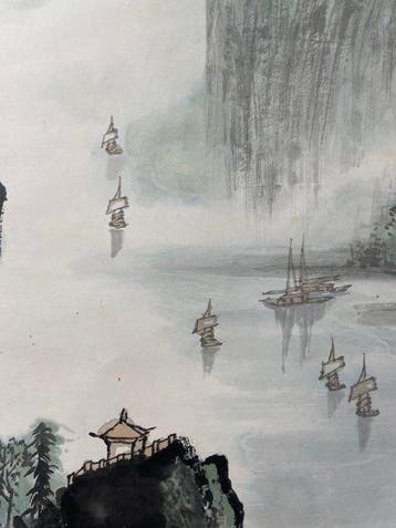 Chinees blauwgroen landschap op rol, Li-rivier-scène -