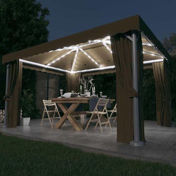 vidaXL Prieel met gordijn en LED-lichtslinger 4x3 m taupe, Verzenden, Nieuw