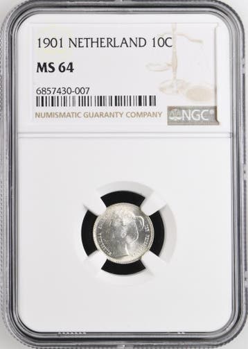 Koningin Wilhelmina 10 cent 1901 NGC MS64 gecertificeerd, Verzenden, Zilver, 10 cent, Koningin Wilhelmina