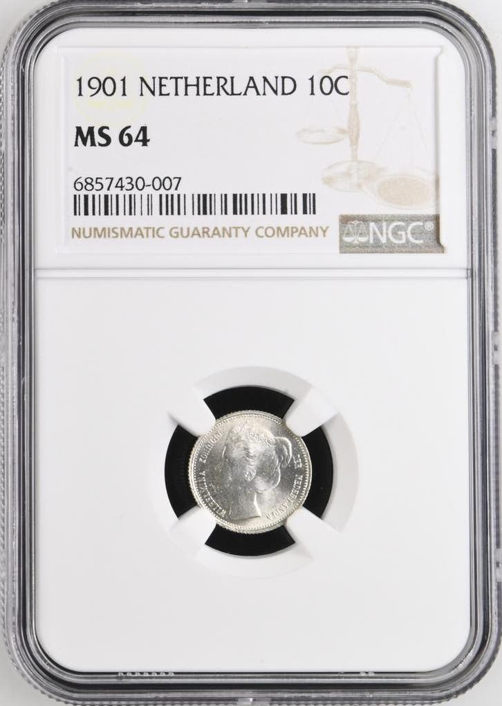 Koningin Wilhelmina 10 cent 1901 NGC MS64 gecertificeerd, Postzegels en Munten, Munten | Nederland, Losse munt, 10 cent, Koningin Wilhelmina