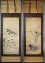 Very fine sumi-e landscape and goose diptych, signed -, Antiek en Kunst