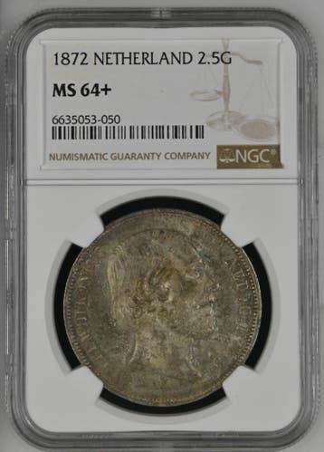 Koning Willem III 2 1/2 Gulden 1872 MS64+ NGC gecertificeerd, Verzenden, Koning Willem III, Losse munt, Zilver