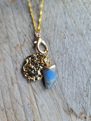Handgemaakte labradoriet ketting met gouden munt - zilver, Nieuw