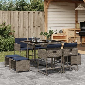 vidaXL 9-delige tuinset met kussens, grijs polyrotan, Tuin en Terras, Verzenden, Nieuw, 8 zitplaatsen, Tuinset