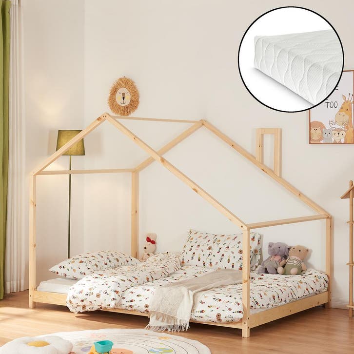 Kinderbed Siuntio huisbed met matras 140x200 cm naturel [en., Kinderen en Baby's, Kinderkamer | Bedden, Verzenden