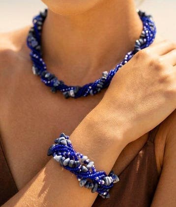 Zesstrengige ketting & armband met sodaliet & kristallen -