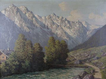 Paul Schlechter (XX) - Alpental mit Wildbach und Hochgebirge, Antiek en Kunst