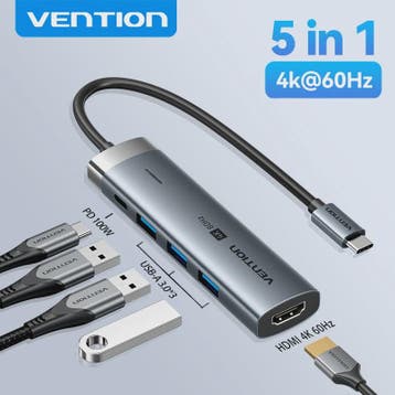 Vention 5-in-1 USB-C Hub: 4K@60Hz HDMI, 3x USB 3.0, PD 100W, Computers en Software, Verzenden, Nieuw