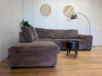 Luxe Taupe Ribstof Hoekbank | Royale Lounge, Huis en Inrichting, Banken | Bankstellen, 250 tot 300 cm, Gebruikt, Hoekbank, Ophalen of Verzenden