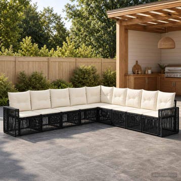 vidaXL Tuinbankenset 9 st Zwart en Cream Wit poly rattan, Verzenden, Nieuw, Meer dan 8 zitplaatsen