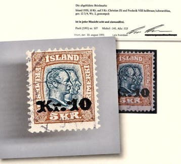 IJsland - 1930 – 10 Kr. op 5 Kr. Attest Lars Svendsen – Mi., Gestempeld