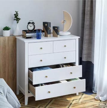 Ladekast met 5 Lades – Witte Houten Dressoir voor Slaapkamer, Huis en Inrichting, Kasten | Dressoirs, Verzenden, Nieuw