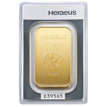 100 gram - Goud .999 - 100g .9999 Gold Bar Heraeus, Heraeus,