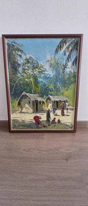 DOM - Scène de vie villageoise africaine – Huile sur toile