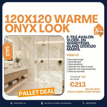 Warme onyxlook glans 120x120 - Palletdeal 11m² €213, Doe-het-zelf en Verbouw, Tegels, 60 cm of meer, Nieuw, Ophalen of Verzenden