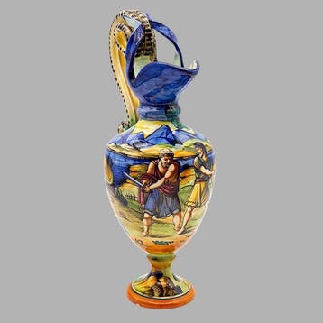 Rare La Sfida Tuscan Majolica Historiated Jug / Ewer -