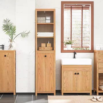 Smalle hoge badkamerkast met wasmand en open vakken, Verzenden, Nieuw