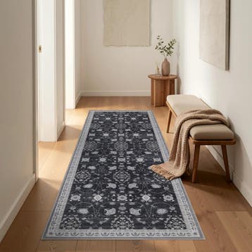 Vintage Vloerkleed | Inka | Bloemen | Zwart | 80x150 cm, Verzenden, Nieuw