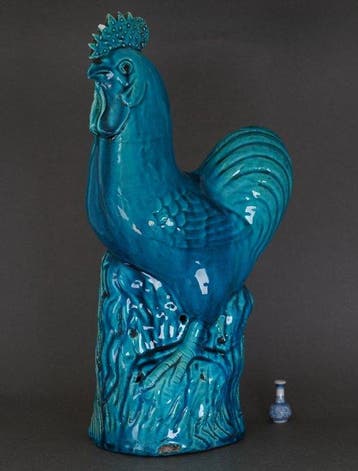 An Exceptional Large Turquoise Glazed Standing Rooster with