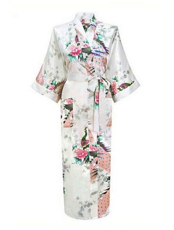 KIMU® Kimono Wit 7/8e XL-XXL Yukata Satijn Boven dekel Lange, Ophalen of Verzenden, Nieuw, Maat 46/48 (XL) of groter, Carnaval