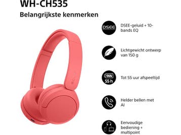 Sony -  Wh-ch535 - Draadloze On-ear Koptelefoon  - Rood, Audio, Tv en Foto, Verzenden, Nieuw, Sony, Bluetooth