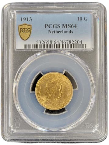 Gouden Wilhelmina 10 gulden 1913 MS64 gecertificeerd PCGS, Postzegels en Munten, Munten | Nederland, Verzenden, Goud, Koningin Wilhelmina