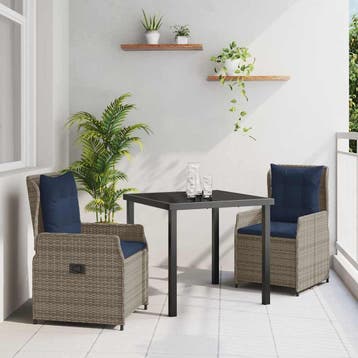 vidaXL Tuin Eetset met kussen 3 pcs Grijs Poly riet, Verzenden, Nieuw, 3 zitplaatsen