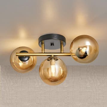 Plafondlamp Goud met 3 Amber Glasbollen, Verzenden, Nieuw, Glas