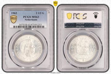 Koningin Juliana zilveren 2 1/2 gulden 1962 MS63 PCGS, Postzegels en Munten, Munten | Nederland, Verzenden, Koningin Juliana, Losse munt