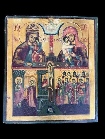 Icoon - Kruisiging van Christus, Moeder Gods - Hout, Antiek en Kunst