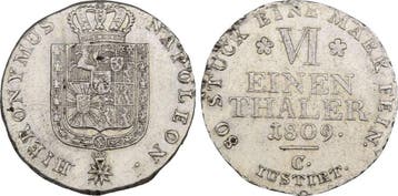 1/6 taler, daalder mit Kerbrand Wohl Probe ! 1809 C Westf..., Verzenden
