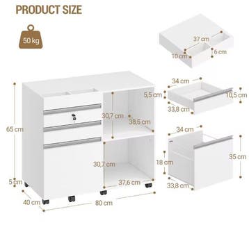 Witte Rolcontainer met Slot en 3 Laden met Open Vakken, Verzenden, Nieuw