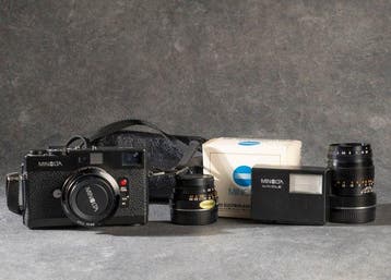 Minolta CLE set met 28mm, 40mm + 90mm M-Rokkor – originele