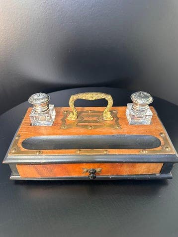 Inktpot - Ink set / Desk set - Hout, Messing, Zilver,