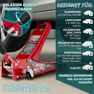 Autokrik - Garagekrik - Hydraulische krik - 3 Ton - Rood - T, Verzenden, Zo goed als nieuw