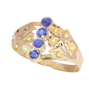 Ring - 18 karaat Geel goud - 0.40ct. tw. Saffier - Parel -, Nieuw