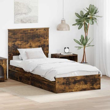 vidaXL Opslag bed met lade Gerookt eiken 90 x 190 cm Bewerkt, Verzenden, Nieuw, Bruin, Hout